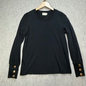 Nation LTD Womens Black Long Sleeve Cotton Slub Top Gold Button Cuff Size M